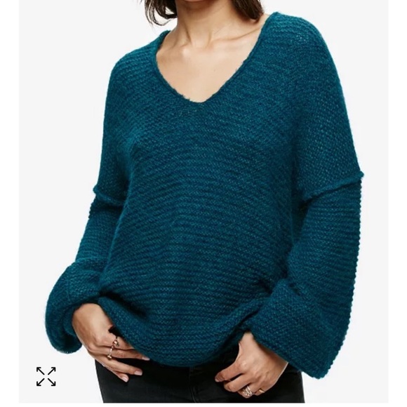 ⭐️ Free People All Mine V Neck Slouchy Alpaca Teal Blue Green Sweater MEDIUM - Picture 3 of 15